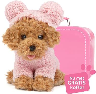 Studio Pets® Knuffel Toy Poedel Hond Cookie (23 cm) met Roze Teddy Hoodie en GRATIS Koffer – Pluche Knuffel voor kinderen