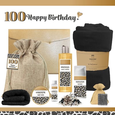 Geschenkset “100 Jaar Happy Birthday!” - 8 producten - 1210 gram - Triomf Cosmetica | Luxe wellness cadeaubox voor haar Giftset Verjaardag Honderd Cadeau Pakket Gefeliciteerd Speciaal voor jou Verjaardagscadeau Vrouw Gift Set Panter Zwart Goud