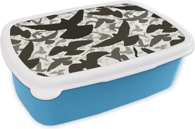Broodtrommel Blauw - Lunchbox - Brooddoos - Duif - Vliegen - Patronen - Vogels - 18x12x6 cm - Kinderen - Jongen