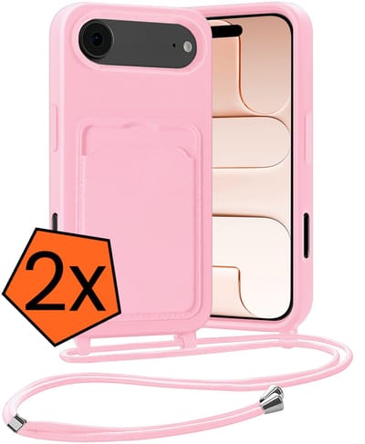 Hoesje Geschikt voor iPhone Air Hoesje Met Telefoonketting Pasjeshouder Case Koord - Hoesje Geschikt voor iPhone Air Hoes Met Kaarthouder - Lichtroze - 2 PACK