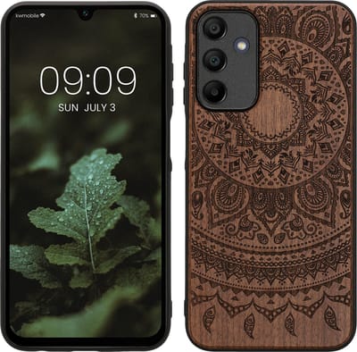 kwmobile telefoonhoesje geschikt voorSamsung Galaxy A15 5G - Hoesje met bumper - hout - In donkerbruin Indian Sun design
