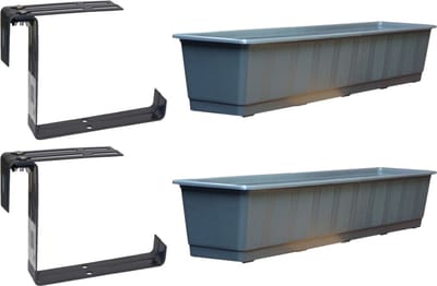 Set van 4 kunststof plantenbakken grijs rechthoekig 80 cm met 8 verstelbare railing beugels