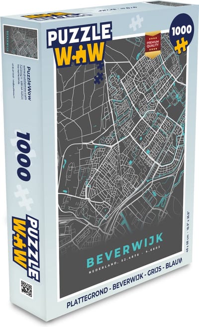 Puzzel Plattegrond - Beverwijk - Grijs - Blauw - Legpuzzel - Puzzel 1000 stukjes volwassenen - Stadskaart