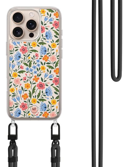 Hoesje met koord geschikt voor iPhone 16 Pro - Romantische bloemen - Inclusief zwart koord - Crossbody beschermhoes - Transparant, Multi - Mooie Telefoonhoesjes