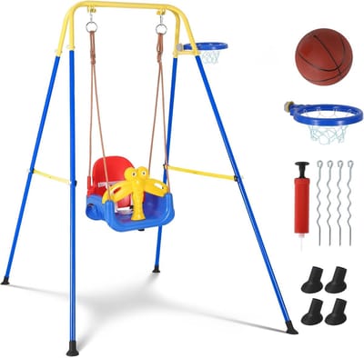 Kinderschommel Basketbal - Speeltoestel Binnen Buiten - Actief Spelen - 4-in-1 Evolutief Ontwerp - 168 x 110 x 160 cm