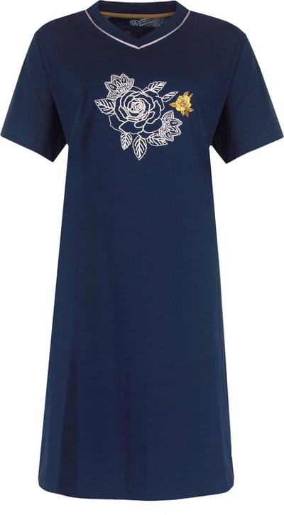Medaillon Dames Nachthemd - 100% Katoen - Marine Blauw - Maat L
