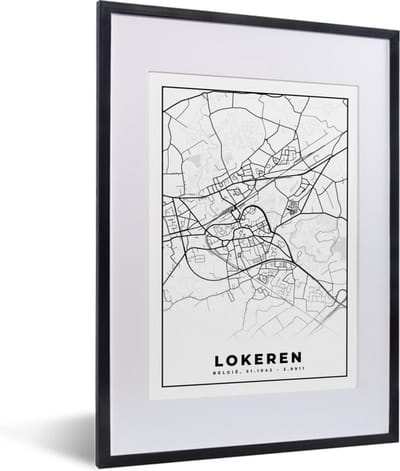 Fotolijst incl. Poster Zwart Wit- België – Lokeren – Stadskaart – Kaart – Zwart Wit – Plattegrond - 30x40 cm - Posterlijst