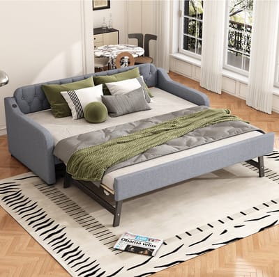 Slaapbank 90x200 cm - Met Uitschuifbaar Rolbed En Usb Aansluiting - Metaal - Grijs