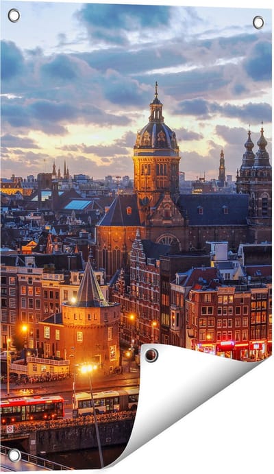 Gards Tuinposter Amsterdam Centrum Luchtfoto Zonsondergang - 40x60 cm - Tuindoek - Tuindecoratie - Wanddecoratie buiten - Tuinschilderij
