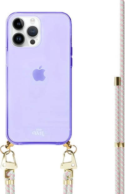 xoxo Wildhearts silicone case met koord - Paars telefoonhoesje met koord - telefoonketting - Aqua Pink - Cord Case - geschikt voor Apple iPhone 12 Pro - Lichtblauw / Roze gestreept koord