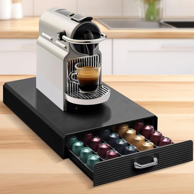 Famanu - Zwarte espressocapsulehouder met lade, opbergbox voor 50 Nespresso koffiecups, strak en duurzaam design