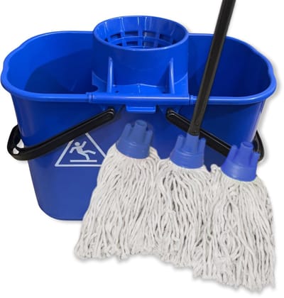 MAUS dweil systeem blauw - Dubbele 14 liter emmer inclusief 3 spaanse moppen en steel