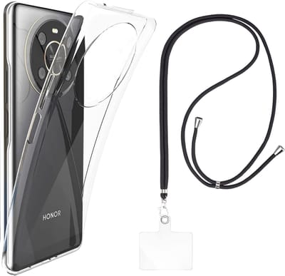 Set met hoesje en nekband voor honor magic 4 lite 4g - Flexibele, transparante TPU-bescherming, verstelbare universele nekband voor mobiele telefoons, zwarte nekband, transparante draagriem van Phonillico®