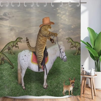 Famanu – Douchegordijn western kat op paard 180 x 180 cm – waterdicht polyester + 12 haken