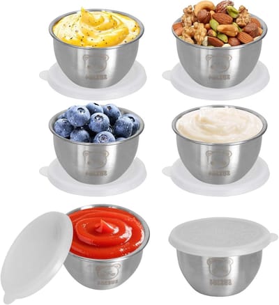 Set van 6 RVS Mini Sauzencontainers van 50ml met Deksel - Herbruikbare Specerijpotjes voor Salades en Sauzen, Ideaal voor Keukenorganisatie