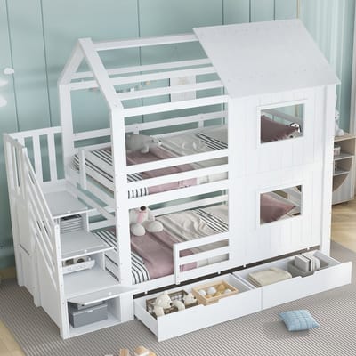 DESMIU Kinder stapelbed 90x200 cm - Trapkast met opbergvakken en rol lade - Veilig slapen en opbergen voor kinderkamer - Grenen en MDF - Wit - Zonder matras