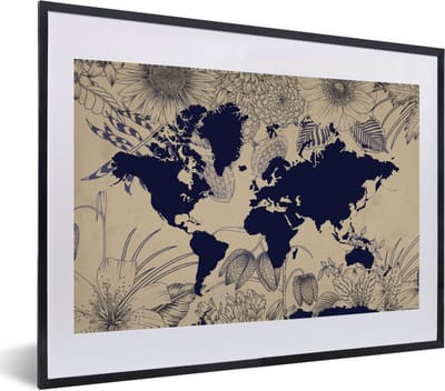 Poster in lijst - Fotolijst 60x40 cm - Posters - Wereldkaart - Bloemen - Blauw - Posterlijst zwart - Decoratie - Wanddecoratie woonkamer - Muurdecoratie slaapkamer