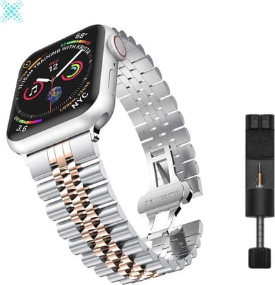 MY PROTECT - Luxe Metalen Jubilee Bandje - Geschikt Voor Apple Watch Bandje - Series 1/2/3/4/5/6/7/8/9/10/SE/Ultra - 44mm - 45mm - 46mm - 49mm - Zilver rosé