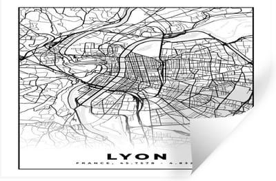 Muurstickers - Sticker Folie - Lyon - Stadskaart - Plattegrond - Kaart - Frankrijk - Zwart wit - 30x20 cm - Plakfolie - Muurstickers Kinderkamer - Zelfklevend Behang - Zelfklevend behangpapier - Stickerfolie