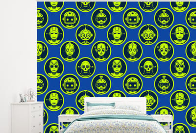 Behang - Fotobehang Patronen - Robot - Geel - Blauw - Jongens - Kinderen - Kids - Jongetje - Breedte 300 cm x hoogte 240 cm