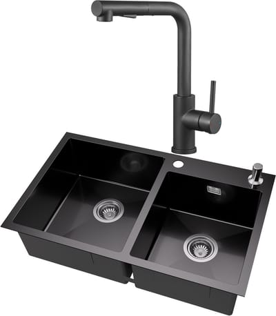 Auralum MAX Spoelbak Keuken 75x45cm Antraciet - Dubbele Spoelbakken Met Keukenkraan - Wasbak Keuken Met zeepdispenser 300ml - Met Waterafvoersysteem en Afdruiprek