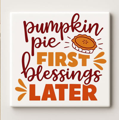 Pumpkin Pie First Blessings Later Keramische Tegel 15x15 cm – Grappige Thanksgiving Quote Ontwerp – Gezellige Herfst Wanddecoratie & Feestcadeau