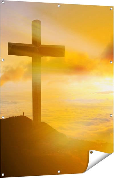 Gards Tuinposter Kruis van Jezus Christus bij Zonsondergang - 90x120 cm - Tuindoek - Tuindecoratie - Wanddecoratie buiten - Tuinschilderij