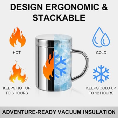 Set van 4 Dubbelwandige Thermokoffiemokken 400 ml met Handvat - Roestvrijstalen Isolatiebekers voor Camping, Reizen en Outdoor Activiteiten