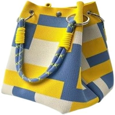 QTTVBTNA – Handtas – Buckettas – Handtas met Trekkoord en Gevlochten Handgreep – Polyester Schoudertas voor Werk, Reizen en Dagelijks Gebruik – Geel/Blauw/Beige