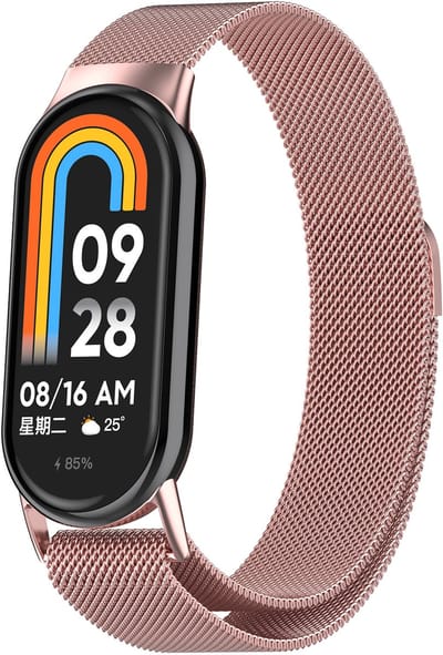 Stravo Milanese bandje - Geschikt voor Xiaomi Smart Band 10 (Xiaomi Mi Band 10) / Xiaomi Smart Band 9 (Xiaomi Mi band 9) / Xiaomi Smart Band 8 (Xiaomi Mi Band 8) - RVS metaal Milanees smartwatchbandje met magneetsluiting (Roze)
