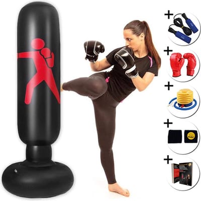 BuffelSports - Opblaasbare Boks Set - Bokszak - Inclusief Bokshandschoenen & Pomp & Springtouw - Bokspaal - Staande Boksbal met Voet - Stevige Vulbare Voet - Stevige Bokspaal - Boksbal - 160 cm - Volwassenen & Kinderen - Zwart - Met Informatieboek