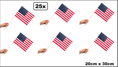 25x Luxe Zwaaivlaggetjes op stok USA 20cm x 30cm - stok hout 50cm - Zwaai vlaggetjes EK WK thema feest voetbal festival uitdeel