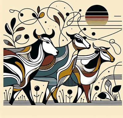 Modern koeien schilderij | Hedendaagse boerderijdieren in een abstract en eigentijds kunstwerk | Kunst - 60x60 centimeter op Canvas | Foto op Canvas