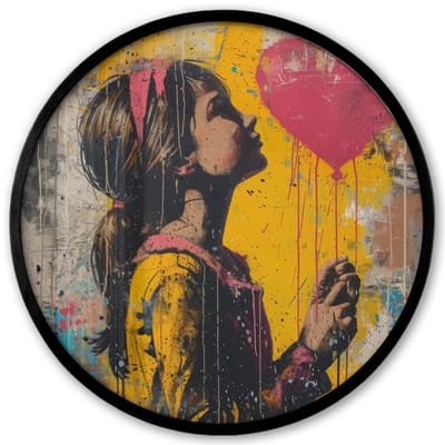 Poster in lijst Rond - Fotolijst 40x40 cm - Posters - Graffiti - Meisje - Ballon - Street art - Ronde posterlijst zwart - Decoratie - Wanddecoratie woonkamer - Muurdecoratie slaapkamer