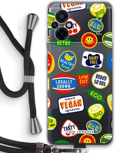 Case Company® - Hoesje met koord geschikt voor Xiaomi Poco M5 hoesje met Koord - Fruitsticker - Telefoonhoesje met Zwart Koord - Bescherming aan alle Kanten en Over de Schermrand