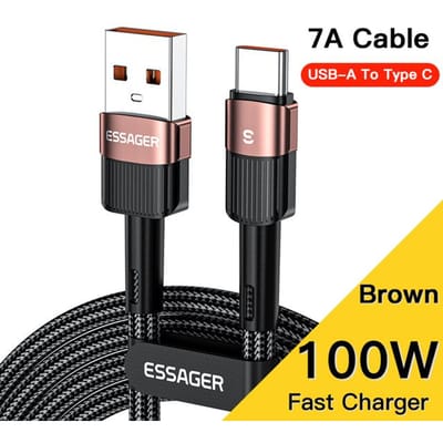 Essager 7A Type C USB Kabel Draad Voor Realme Oneplus OPPO 100W Snel Opladen USB Type-C Kabel voor Huawei P30 P40 Pro Samsung 2m bruin