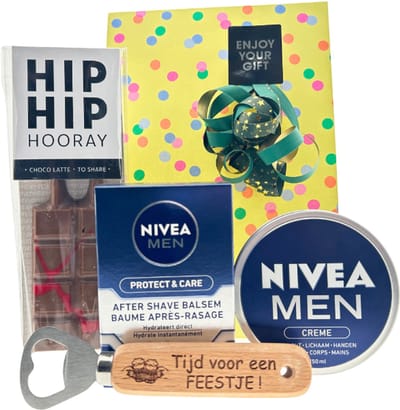 Nivea Cadeauset Men Feest Flesopener - Nivea Men Creme Blik 150 ml - Nivea Men Aftershave 100 ml Protect & Care - Liv 'n Taste Choco Latte Hip Hip Hooray - Bieropener Tijd Voor Een Feestje