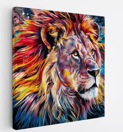 Saammp Canvas Schilderij - Abstracte Leeuw - Kleurrijk - Dieren - Natuur - Portret - 20x20 - Foto op canvas - Wanddecoratie - Muurdecoratie Woonkamer - Slaapkamer decoratie - Canvas Print