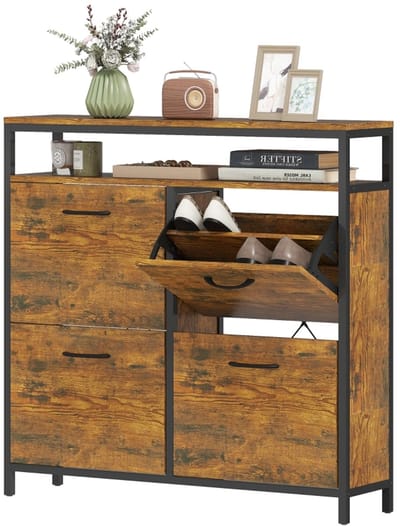 MODFU Schoenenkast - 4 Kantelvakken En Open Bovenplank - Industrieel - Voor Hal - Hout En Staal - Rustiek Bruin - 98 X 24 X 95 Cm