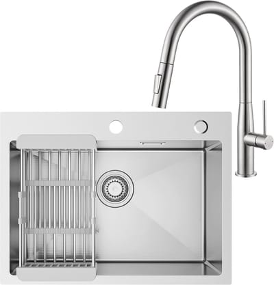 SOFETIY MAX Spoelbak voor keuken 60 x 45 cm - Spoelbakken Keuken Met Keukenkraan Met Uittrekbare Uitloop - Wasbak Keuken Met Aftapmand en Waterafvoersysteem