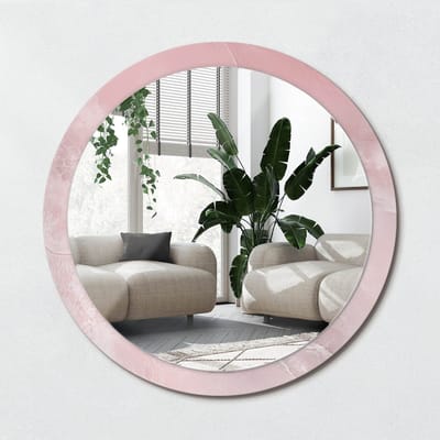Wallfluent Bedrukte Ronde Spiegel - Ronde Spiegel Met Decoratie Roze Steen - 100 cm / 86 cm - Roze - Roze Ronde Spiegel Lijst Met Print - Badkamerspiegel - Gangspiegel - Eetkamer - Montageset