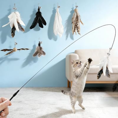 6-in-1 interactief kattenspeelgoed voor binnenkatten, 33,5 inch kittenspeelgoed, teaser toverstaf met veer, kreukelpapiervullingen, kattentoverstaf speelgoed voor verveelde volwassen katten en
