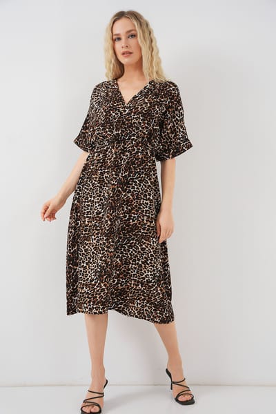 V-hals Midi-jurk met Touwtjessluiting