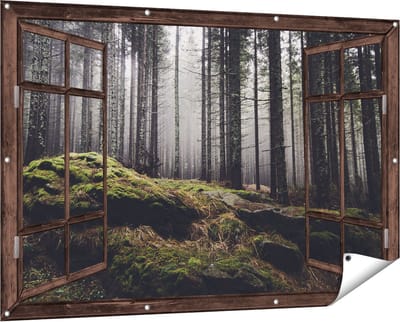 Gards Tuinposter Doorkijk Bos met Mos op Rotsen - 150x100 cm - Tuindoek - Tuindecoratie - Wanddecoratie buiten - Tuinschilderij