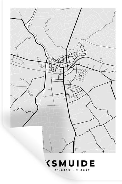 Muurstickers - Sticker Folie - België – Diksmuide – Stadskaart – Kaart – Zwart Wit – Plattegrond - 20x30 cm - Plakfolie - Muurstickers Kinderkamer - Zelfklevend Behang - Zelfklevend behangpapier - Stickerfolie