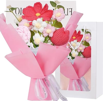 Gehaakt bloemen boeket - Gebreid cadeau - Woondecoratie - Handgeweven ontwerp - 44 cm hoog - Roze