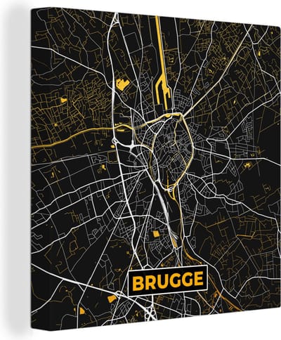 Canvas Schilderij Brugge - Goud - Stadskaart - Kaart - Plattegrond - 20x20 cm - Wanddecoratie