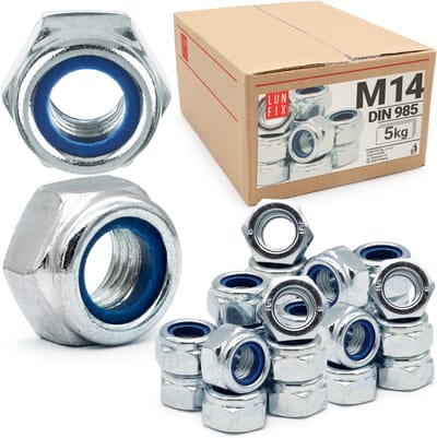 LUN FIX - Beveiligingsmoeren M14 - 5 kg (ca. 219 stuks) - DIN 985 - Zelfborgende moeren met nylonring - verzinkt staal - Stopmoeren Zeskantmoeren