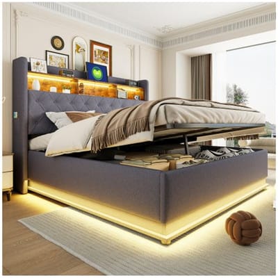 Lit rembourré - MUVOE - 180 x 200 cm - LED multicolores - Prise USB - Rangement hydraulique gris