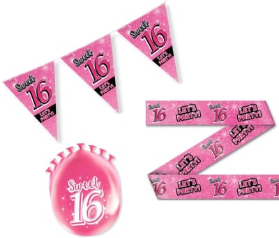 Sweet 16 versiering pakket – 16 jaar – meisje – feest – jarig – puntvlag – ballonnen – party tape